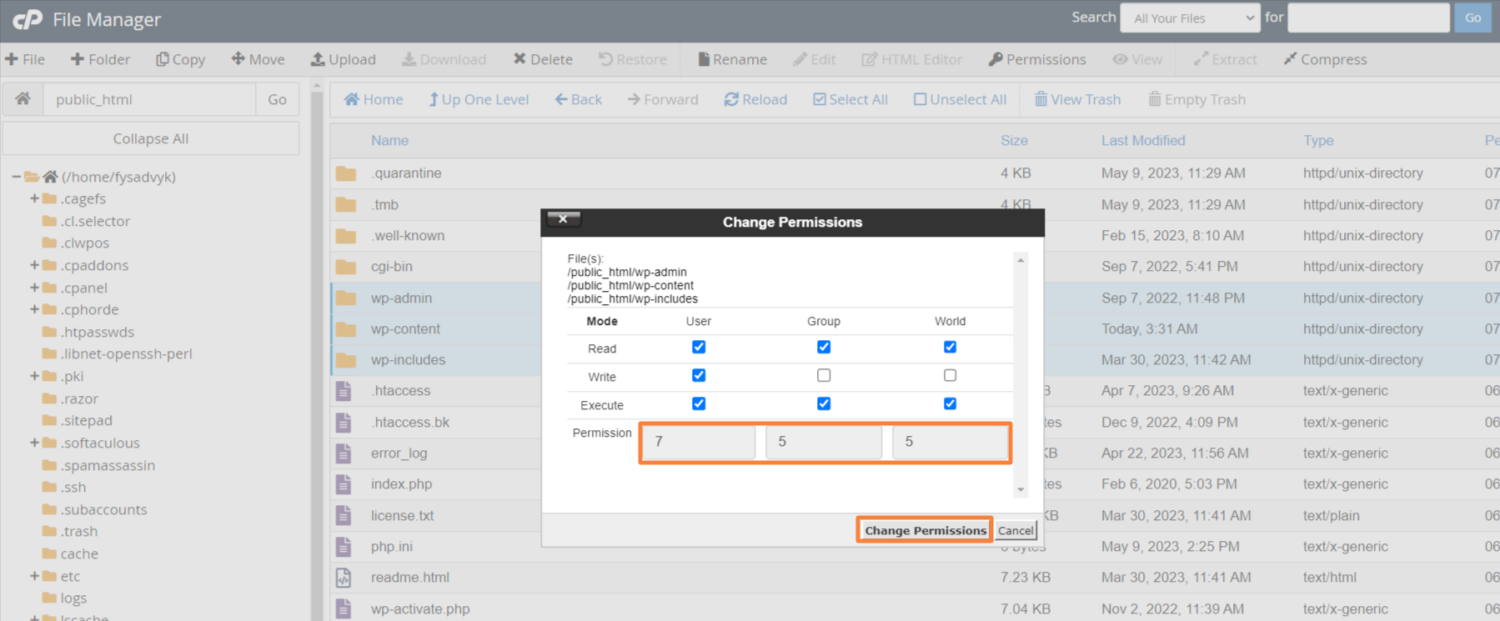 Change Permission in WordPress folders