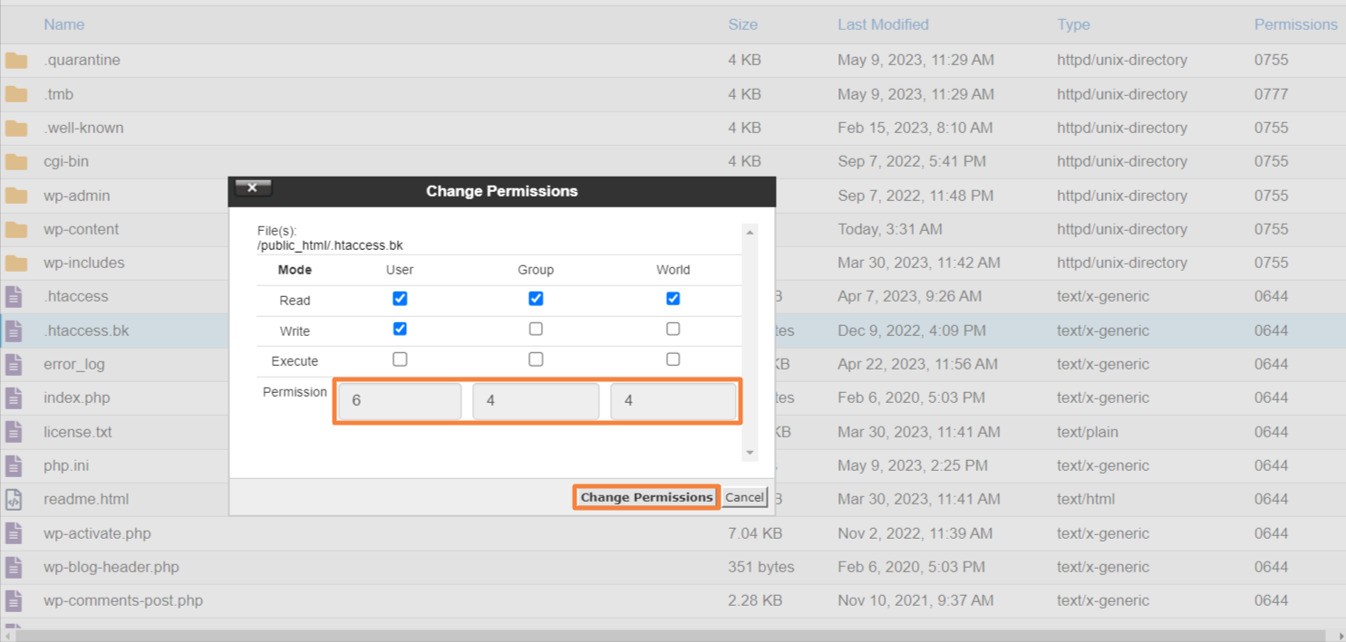 Changing FIle permission 644 in WordPress files