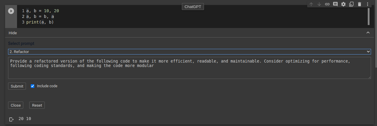 Screenshot showing the Refactor task select and the associated prompt that is generated