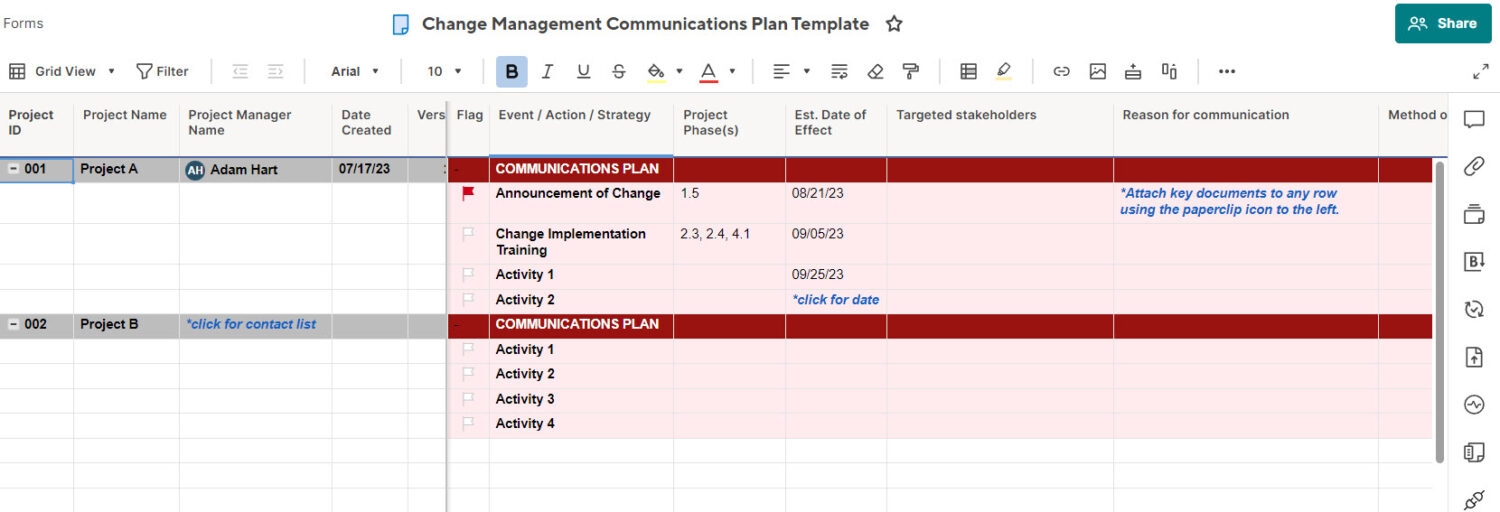 Smartsheet Change Management Comms Plan template