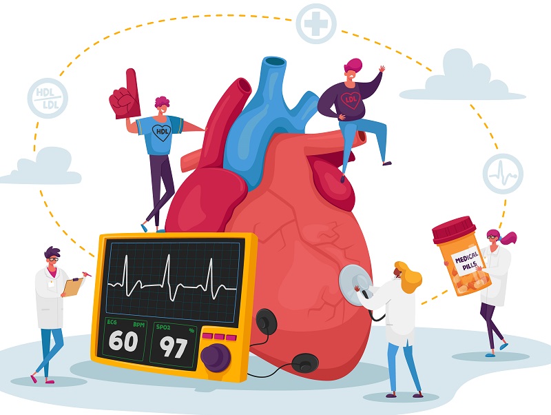 Tiny Doctor Characters with Drugs and Equipment at Huge Human Heart Measure Pulse and Cholesterol Level for Diagnose