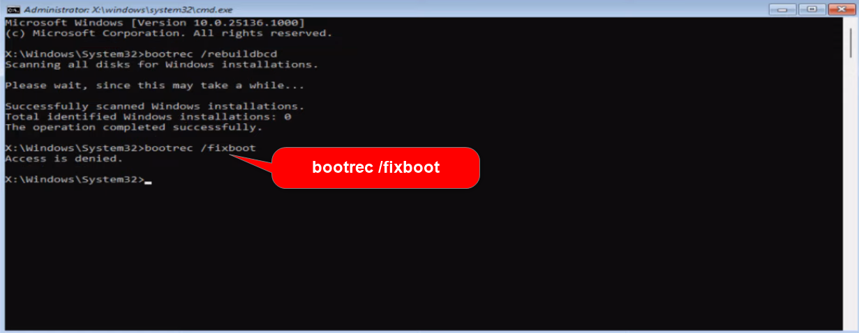 adding command bootrec /fixboot