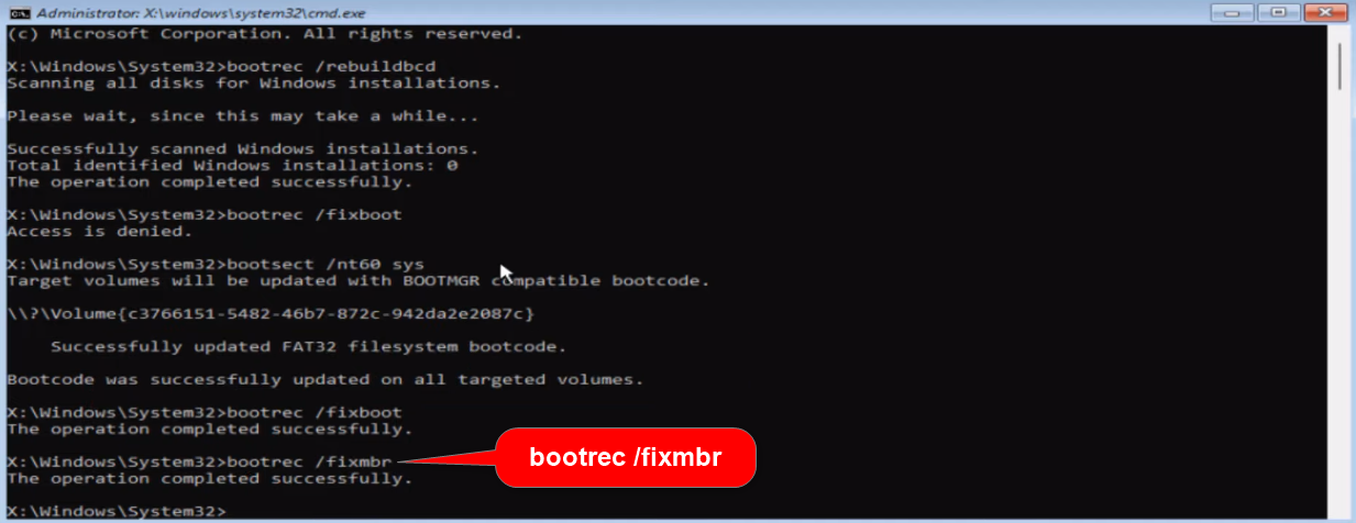 add command bootrec /fixmbr