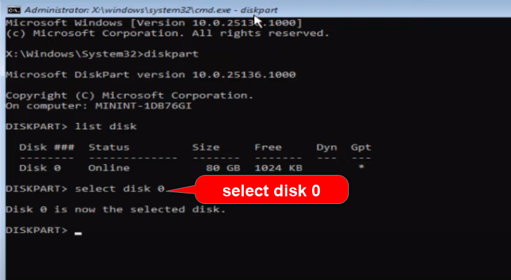 add select disk command