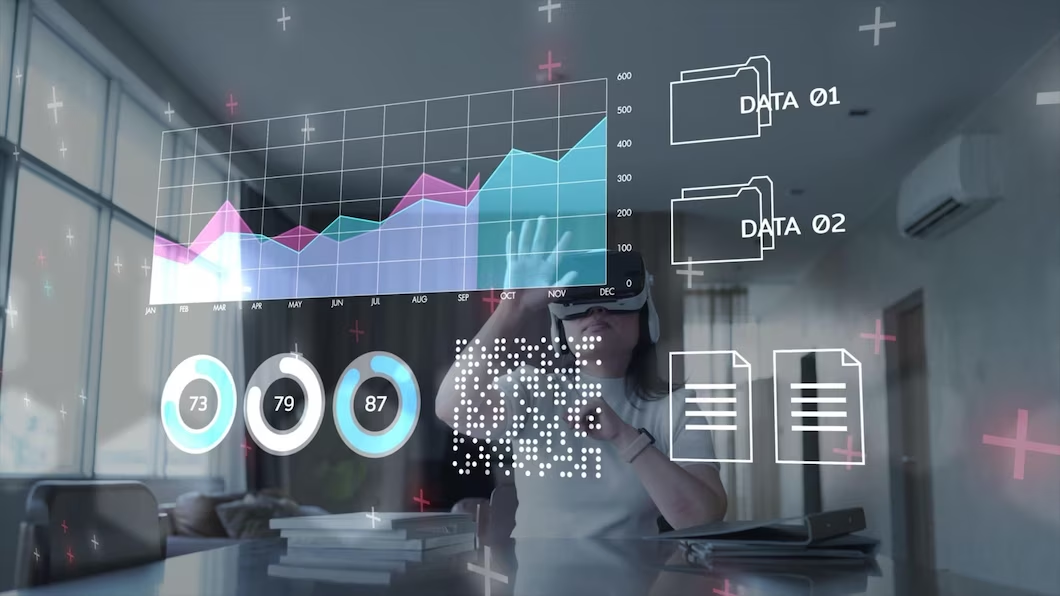 A woman is using a virtual reality headset to look at a graph.