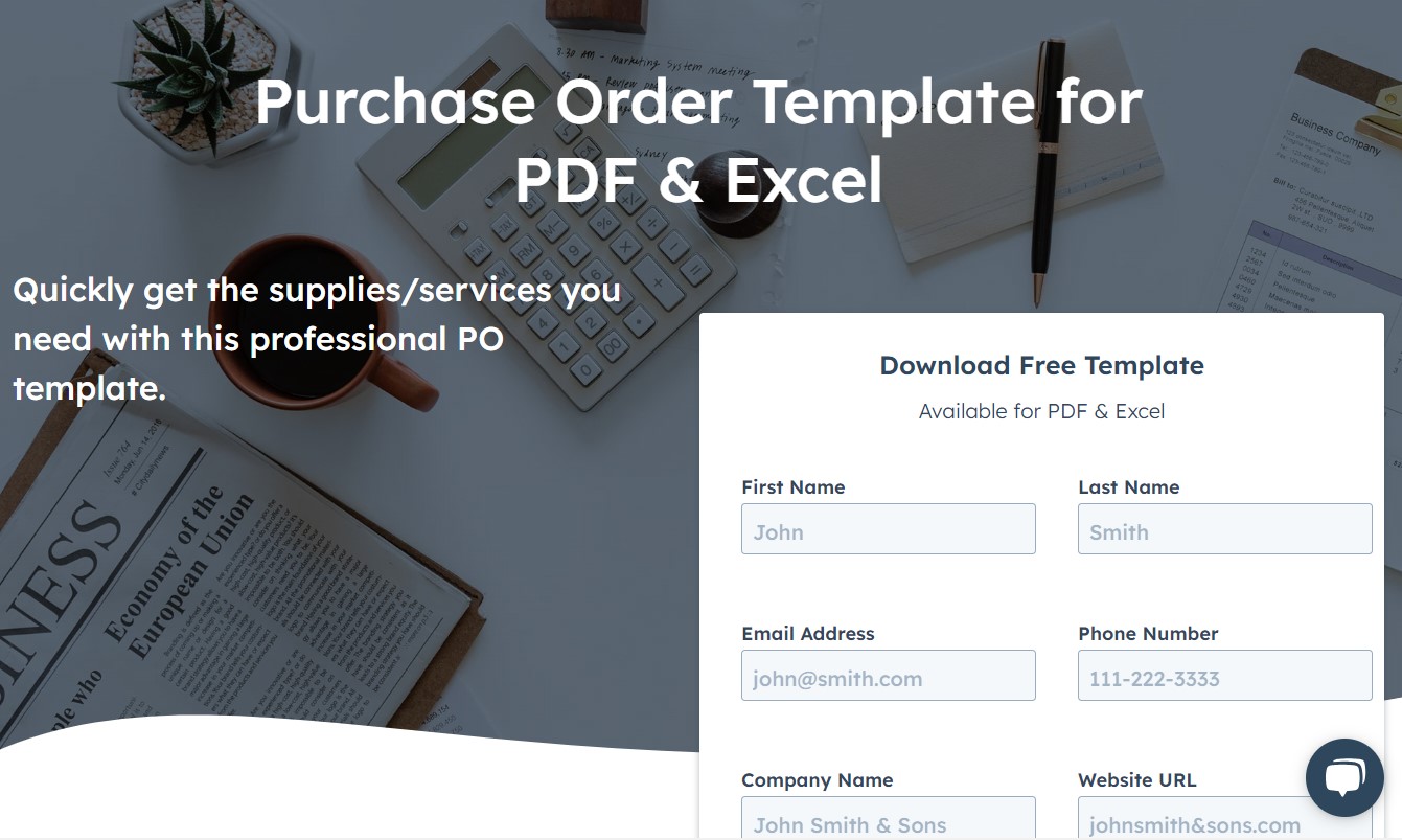 Purchase order template for pdf and excel.