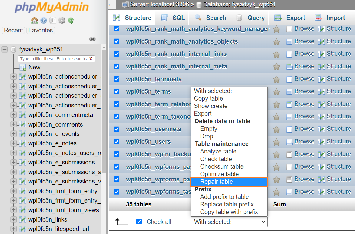 Repair Database Tables