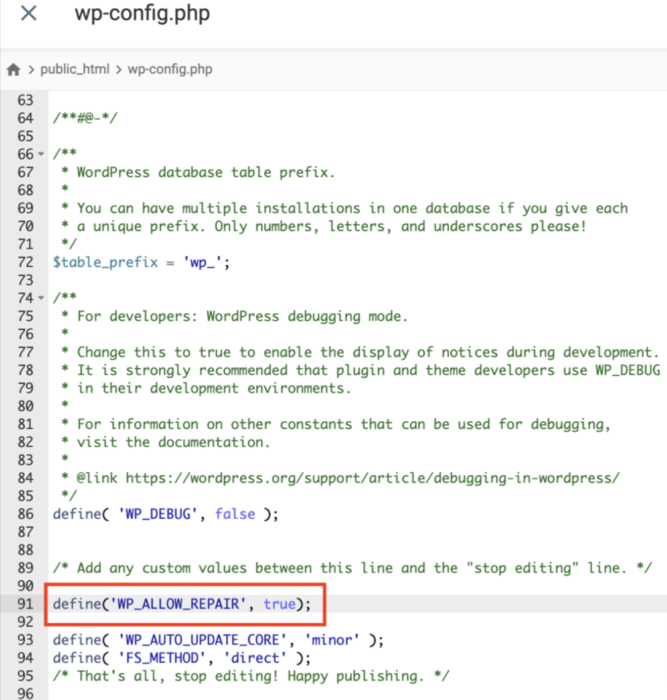 WordPresss Database Repair from wpconfig