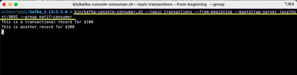 terminal window showing Kafka consumer running