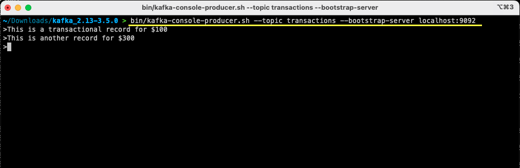 terminal window showing command for producing Kafka messages