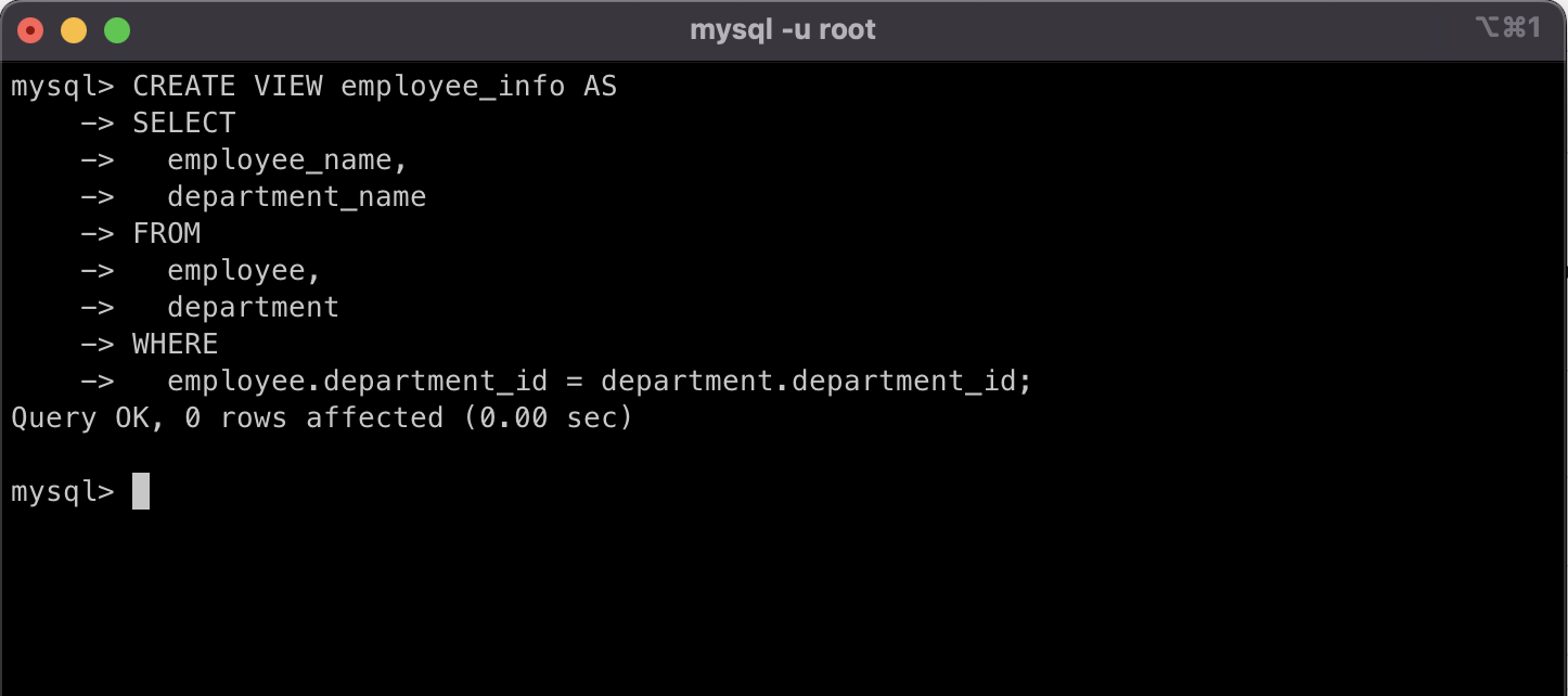 MySQL command line showing the CREATE VIEW command.