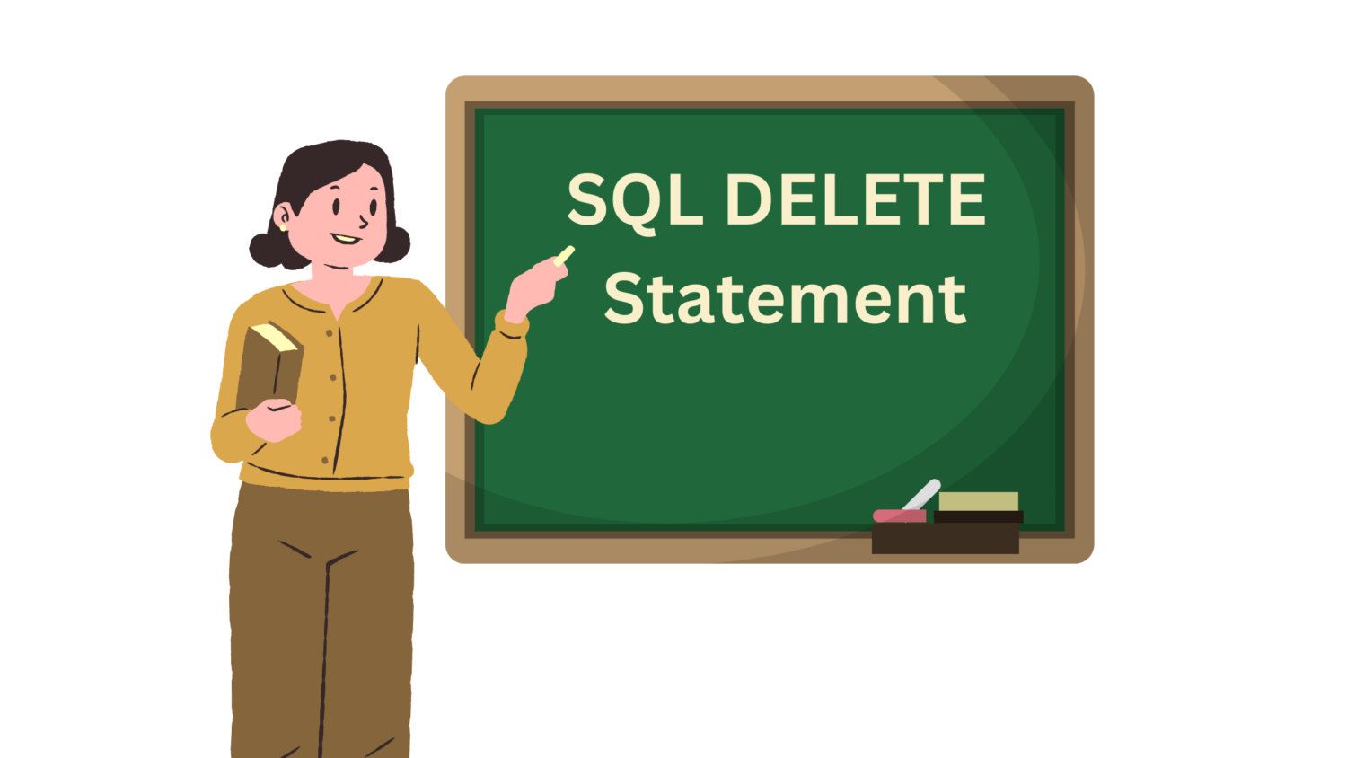 A woman standing in front of a blackboard explaining the differences between truncate and delete SQL statements.