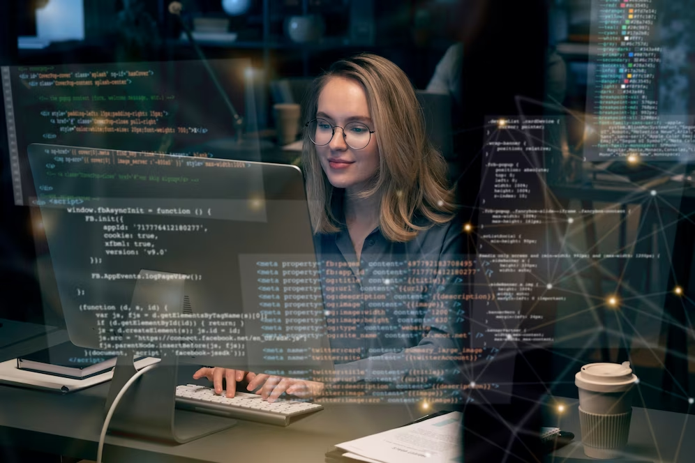 A woman is working on a computer with code on the screen.