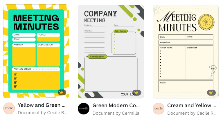 Meeting minutes templates with various colors and fonts from Canva.