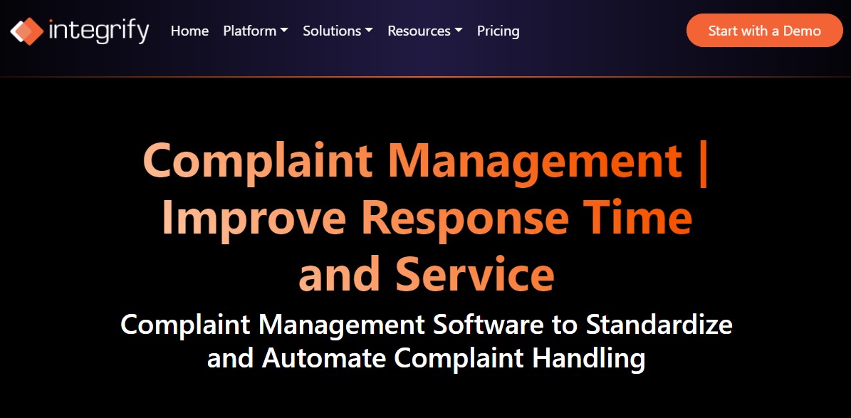 A screen with the words'complain management improve response time and service' with Integrify