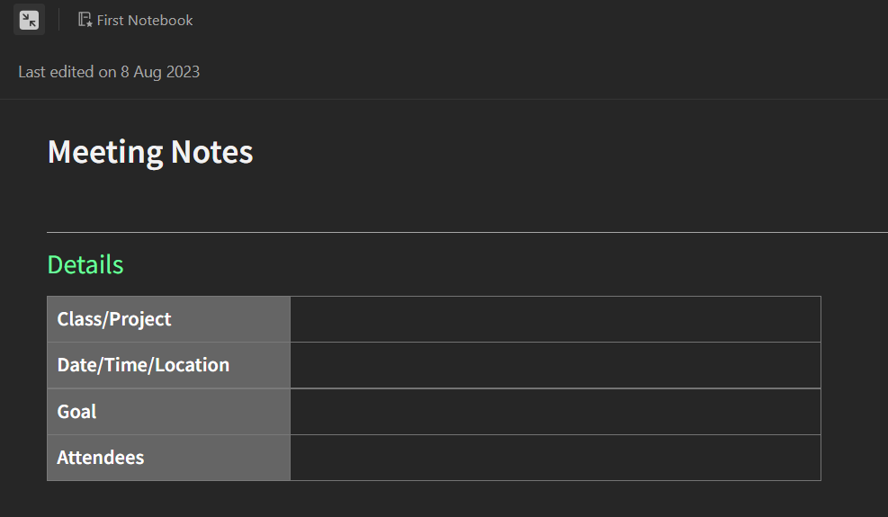 A screenshot of a meeting minutes template.