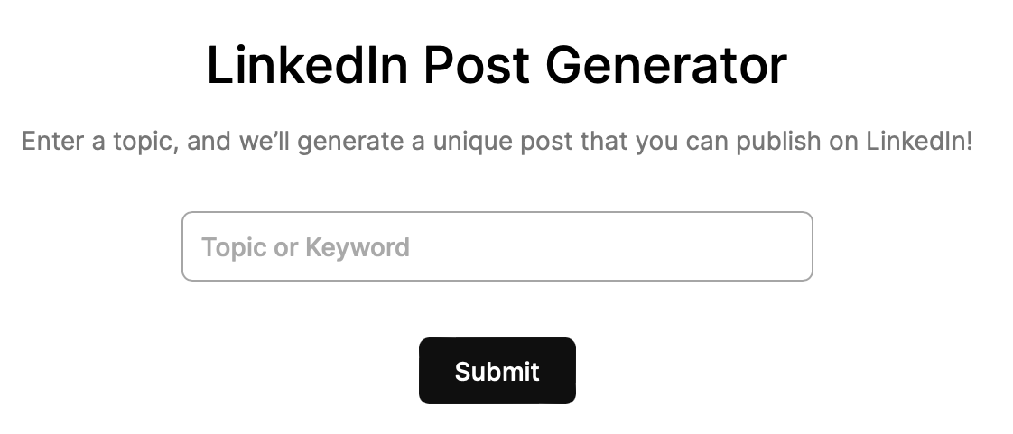 A screen displaying a LinkedIn post generator tool.