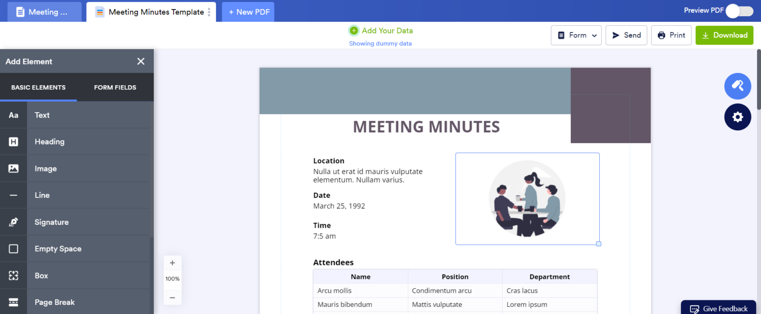 A screen shot of a meeting schedule template that includes minutes from jotform.