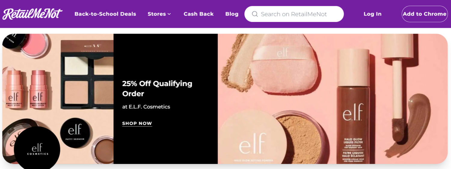 A purple screen shot of the elf cosmetics website featuring coupon and cashback platforms.