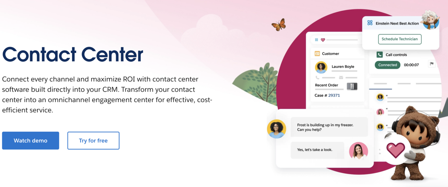 A contact center page with an image of a cartoon character.