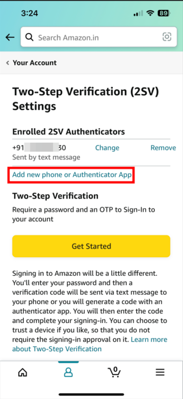 A screenshot of amazon's two step verification svvs.