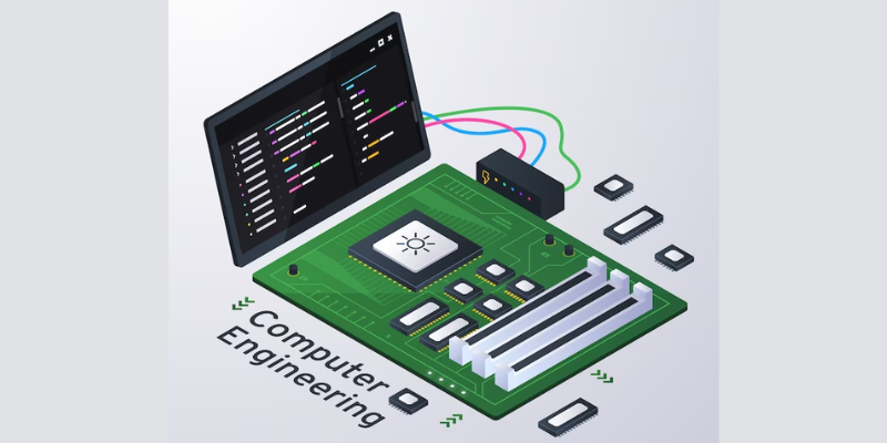 Computer engineering isometric concept with a computer board and a monitor.