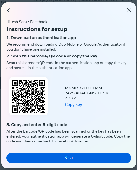 A screen showing instructions for setting up a qr code.