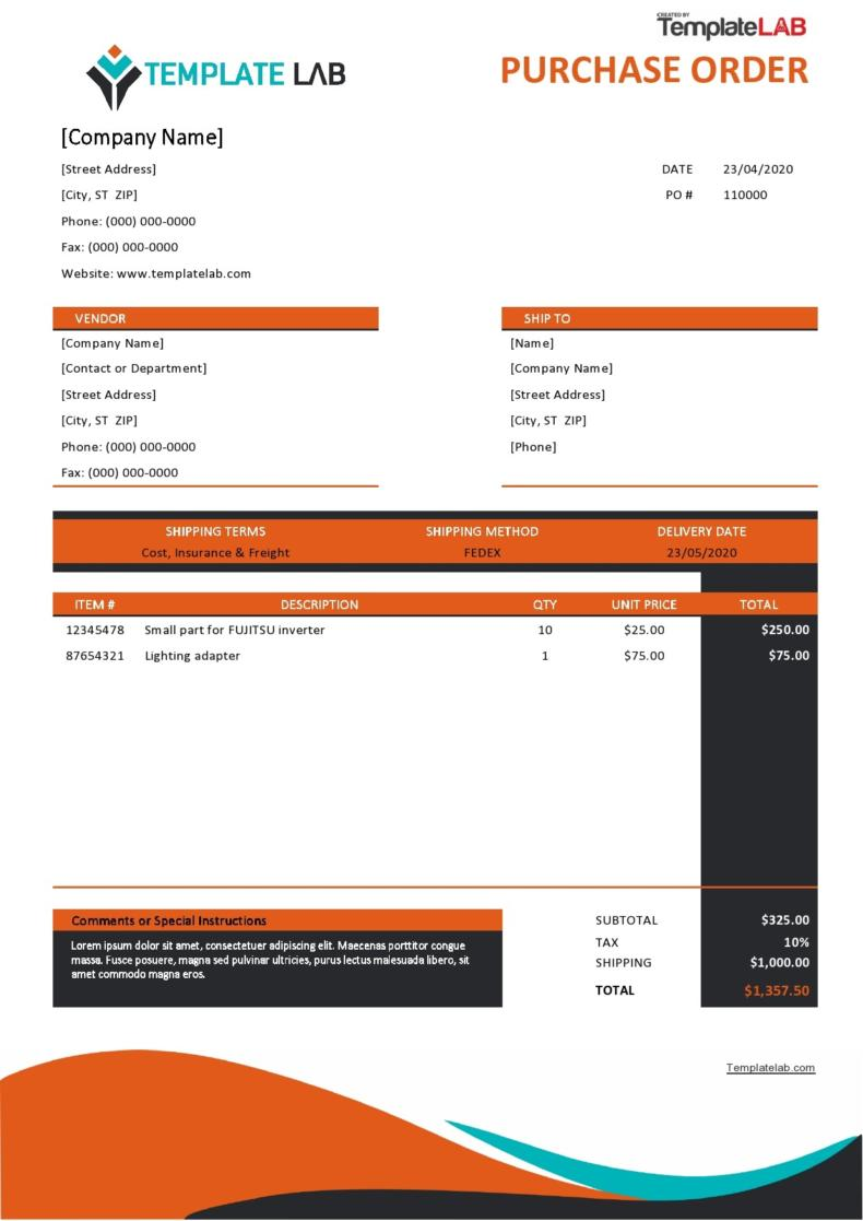 A purchase order template with an orange and black background.