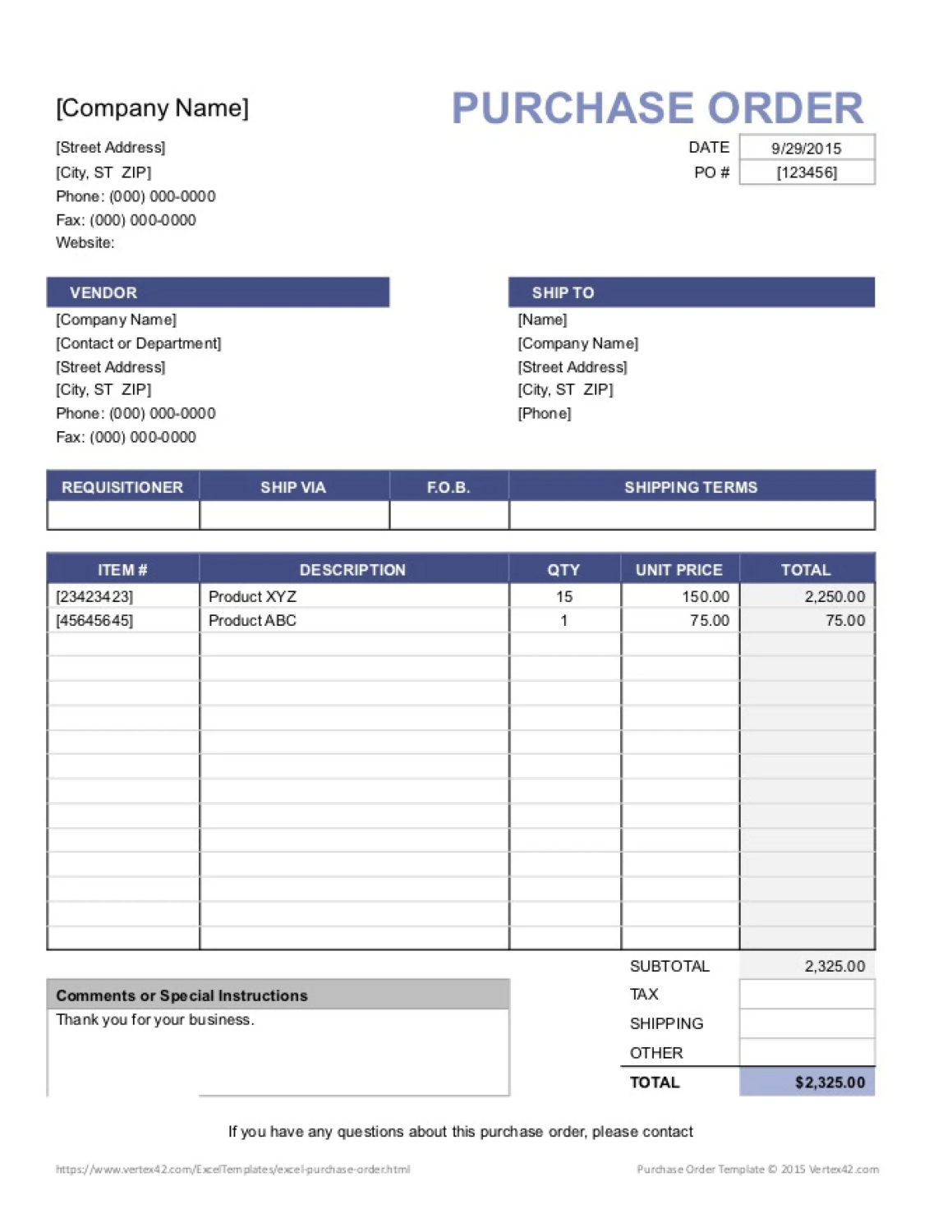 A purchase order template with a blue background.