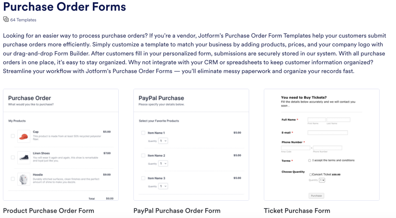 A screen shot of the purchase order form template.