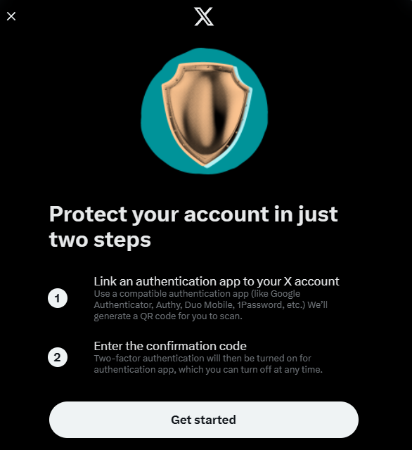 A screen showing the steps to protect your account in just two steps.