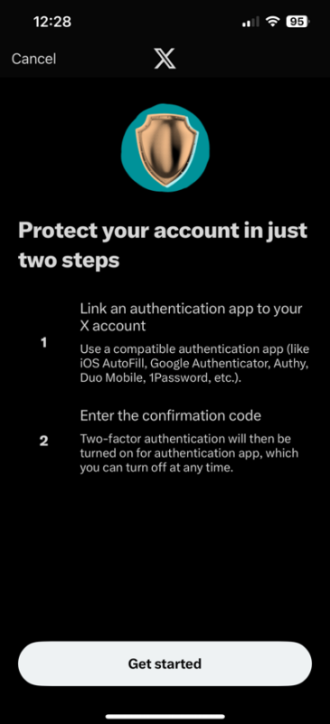 A screenshot of an app that allows you to protect your account in just two steps.