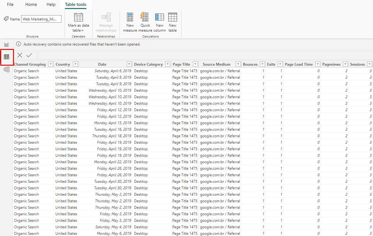 Table view of imported data