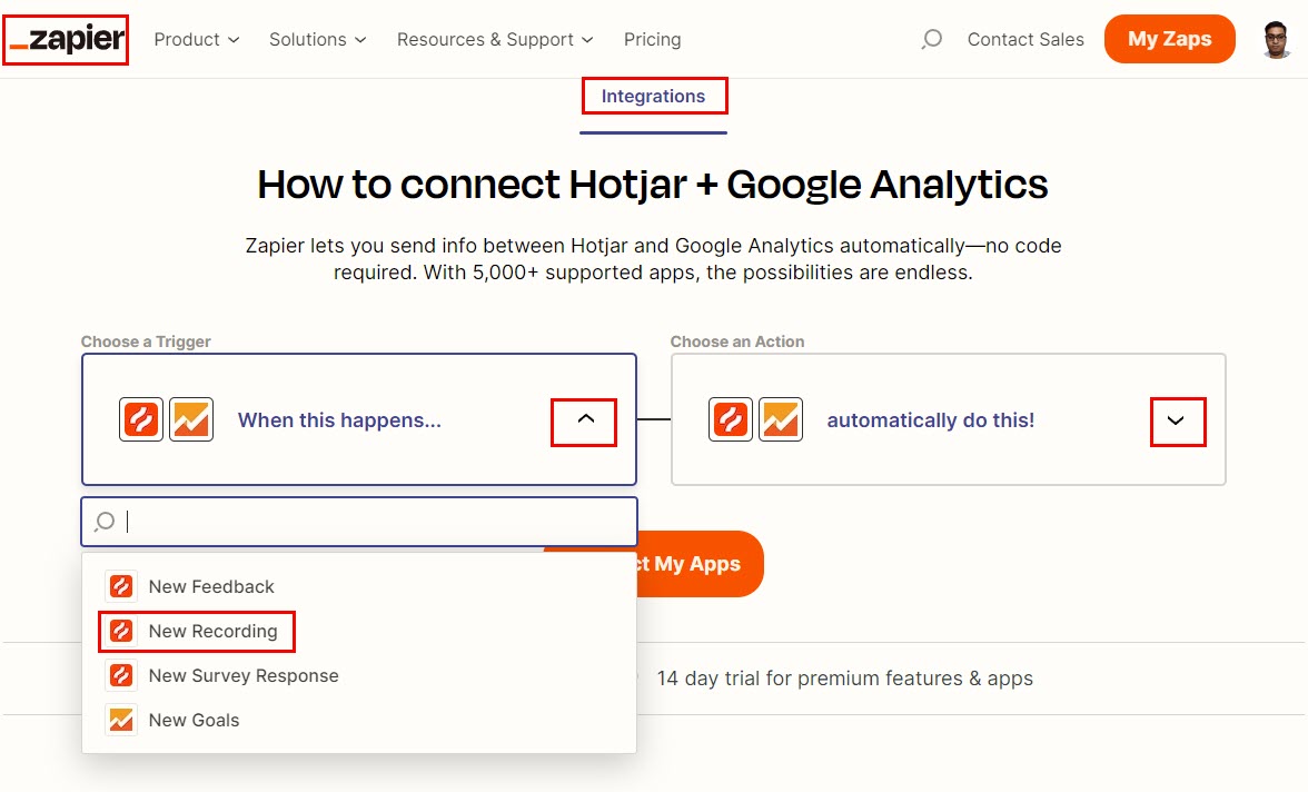 Hotjar GA Zapier template