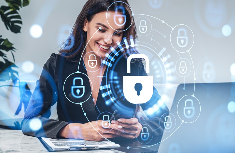 Businesswoman with smartphone, cybersecurity circuit and digital connection