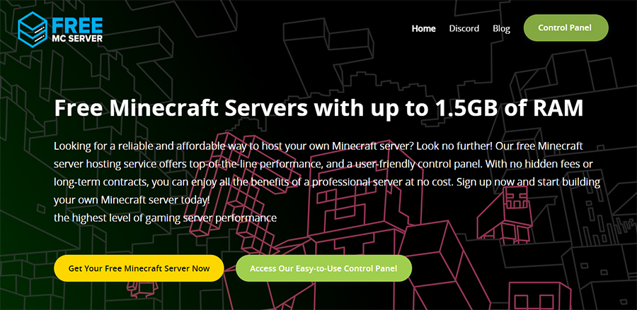 Free MC Server's homepage showing a paragraph about its free Minecraft servers that have up to 1.5 GB of RAM.