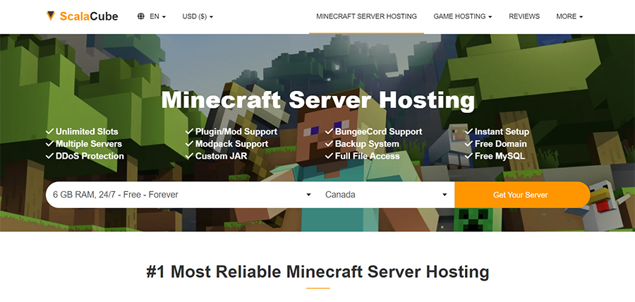 ScalaCube's homepage showing a list of features and a menu bar that lets users select servers to rent.