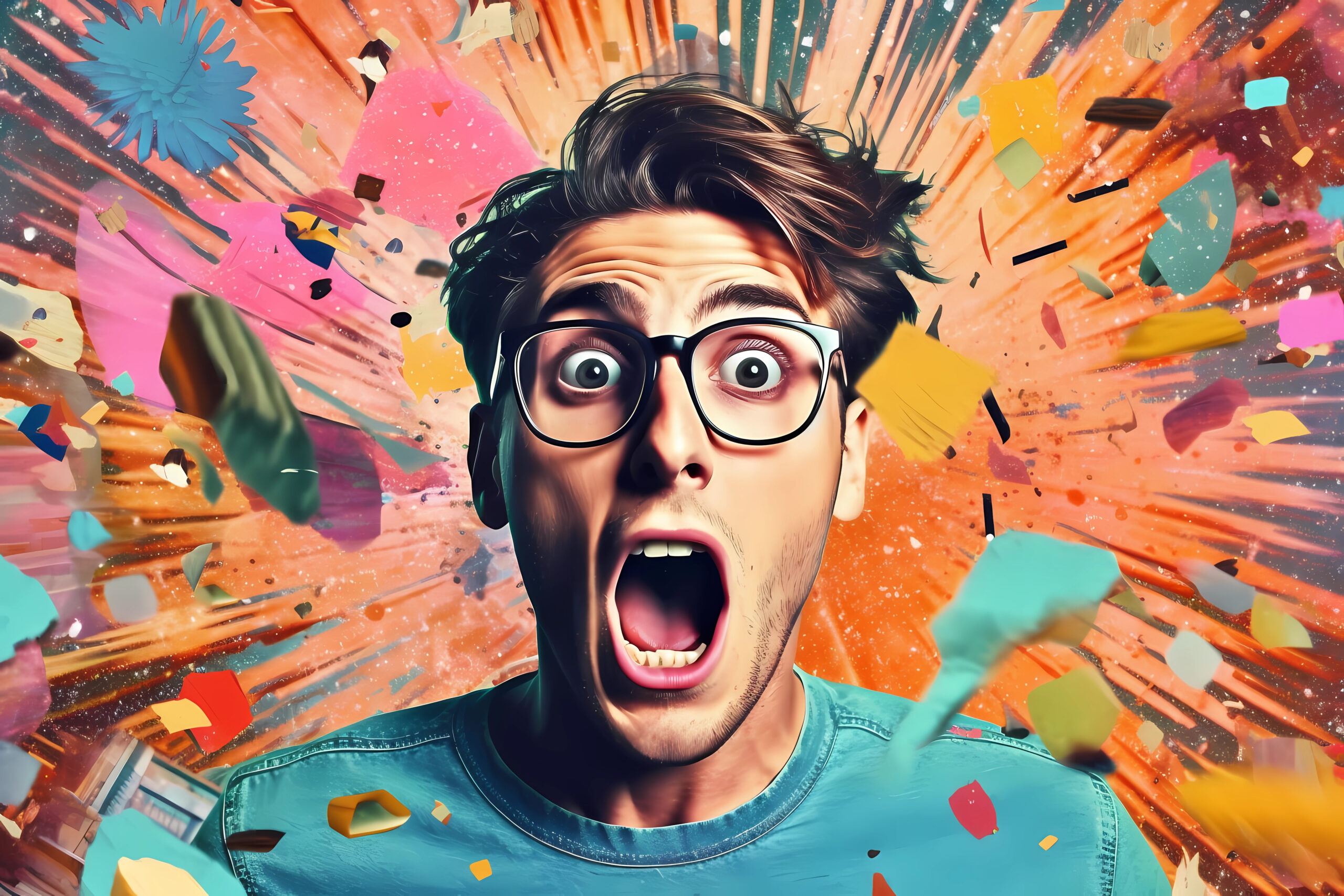 A man with a blue shirt Crazy emotions of a hipster guy Journalstyle collage with joyful emotions AI generation