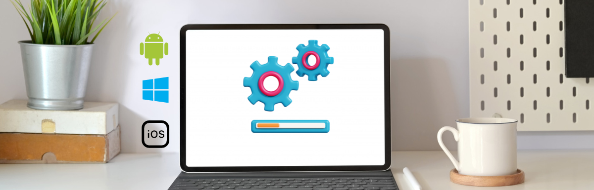 A laptop with gears on it on a desk.