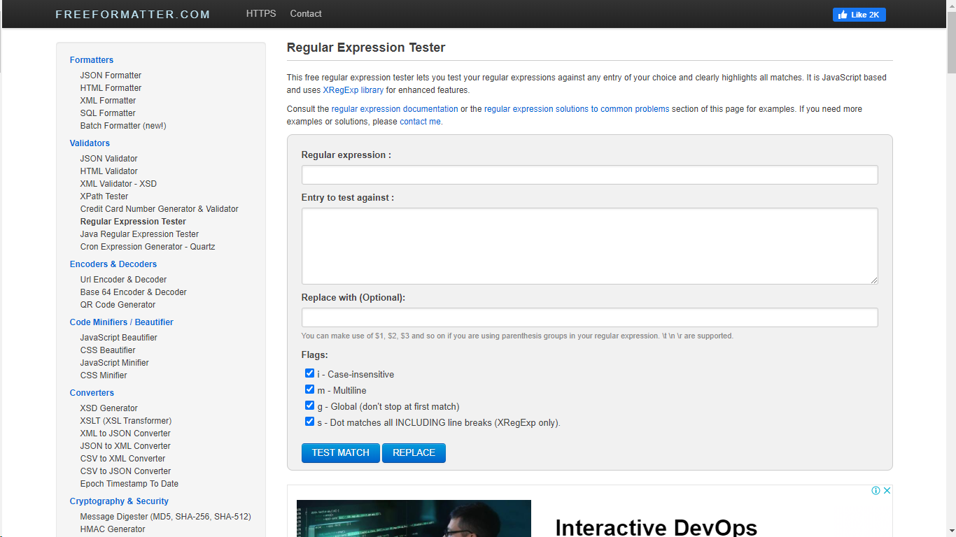 FreeFormater RegEx tester