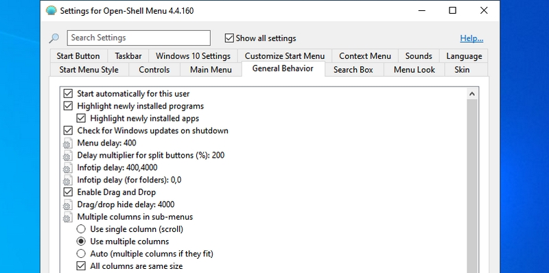 enable all settings in Open Shell