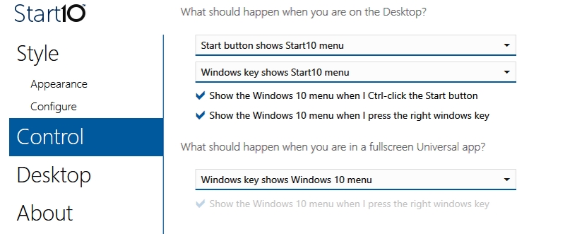 Start10 Control options