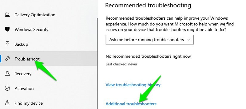 Troubleshoot section