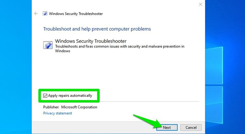 Windows security troubleshooter