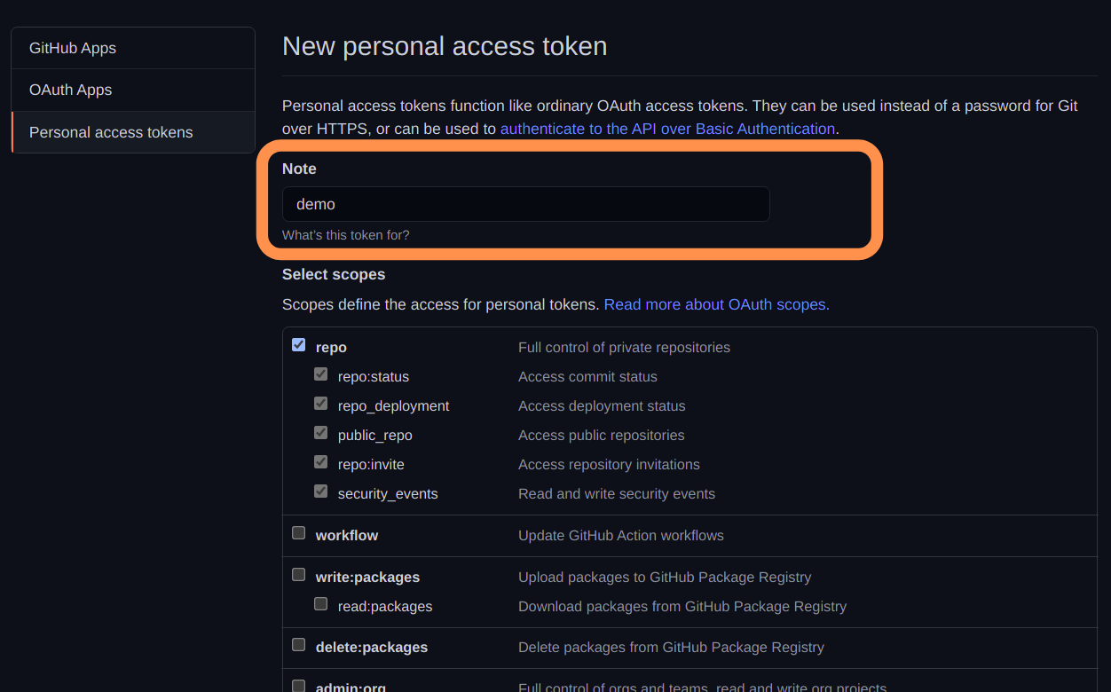 Personal access token Note