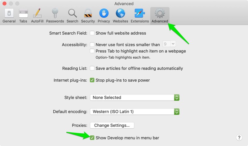 Safari enable develop menu