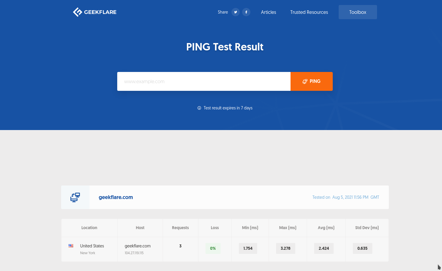 Geekflare's PING online tool result page
