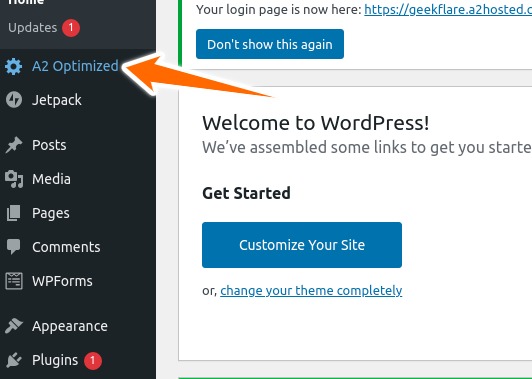 wordpress dashboard a2 optimizer