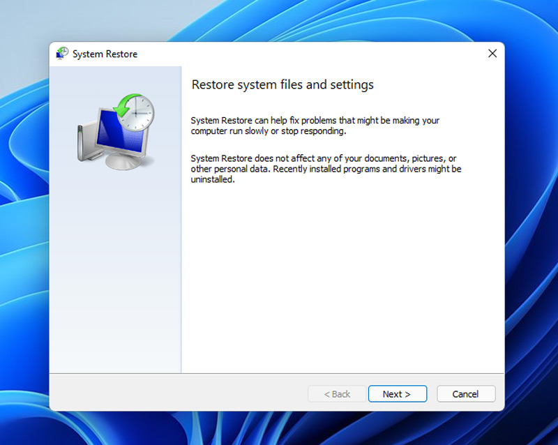 Click Next on System Restore Wizard