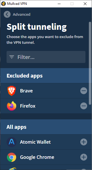 mullvad VPN split tunneling